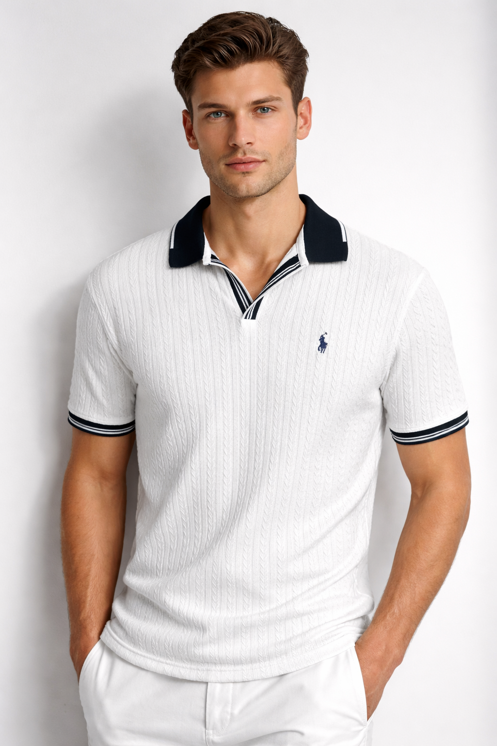 POLO CAMISERO TEJIDO RALPH / BLANCO  / DETALLE CUELLO - MANGA