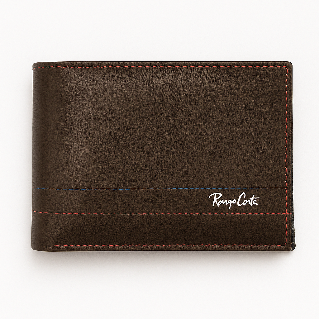 BILLETERA RENZO COSTA MARRON / COSTURA AZUL ROJO