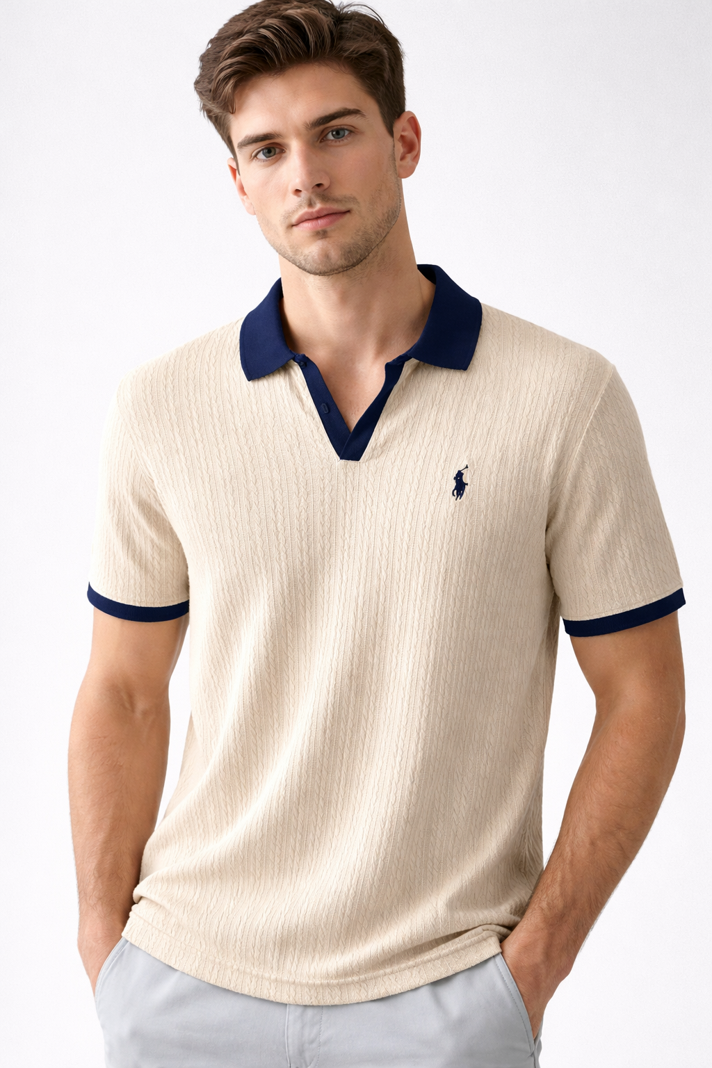 POLO CAMISERO TEJIDO RALPH / BEIGE / DETALLE CUELLO - MANGA