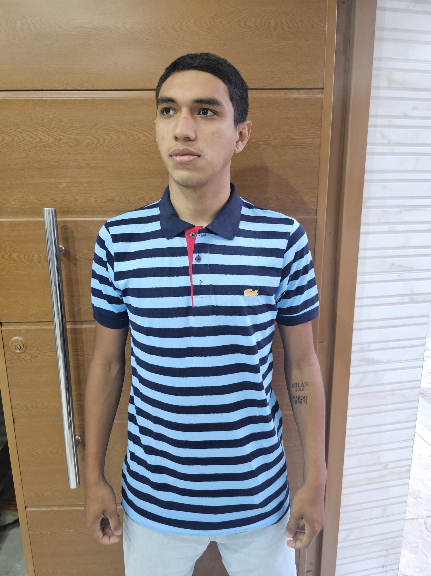 polo camisero lacoste - rayas azul/celeste