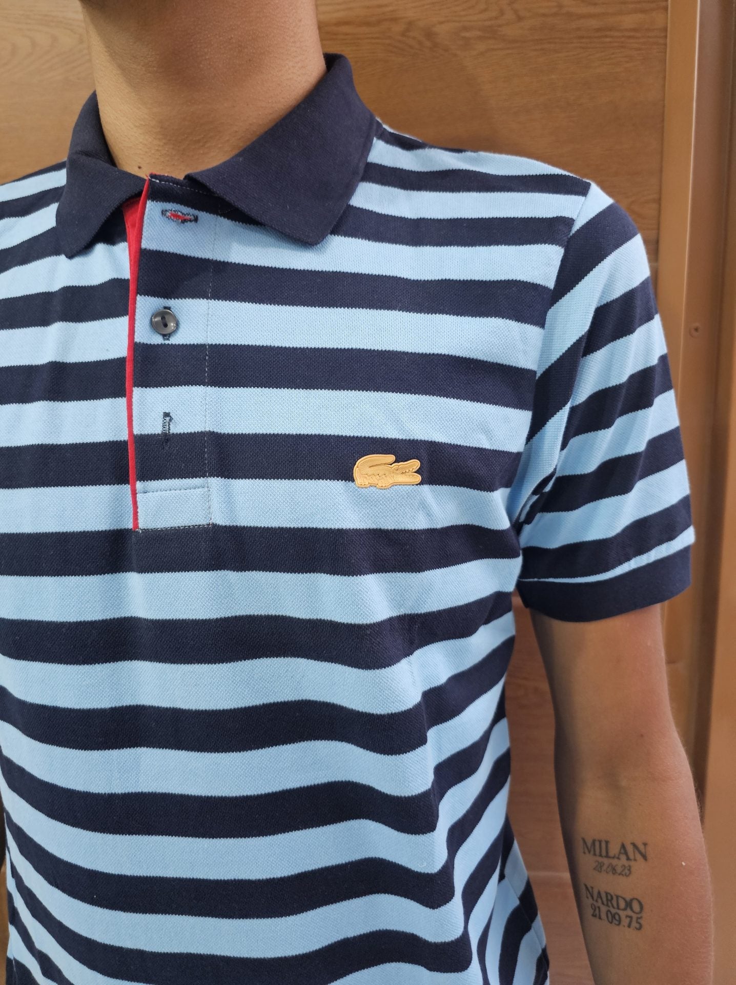 polo camisero lacoste - rayas azul/celeste