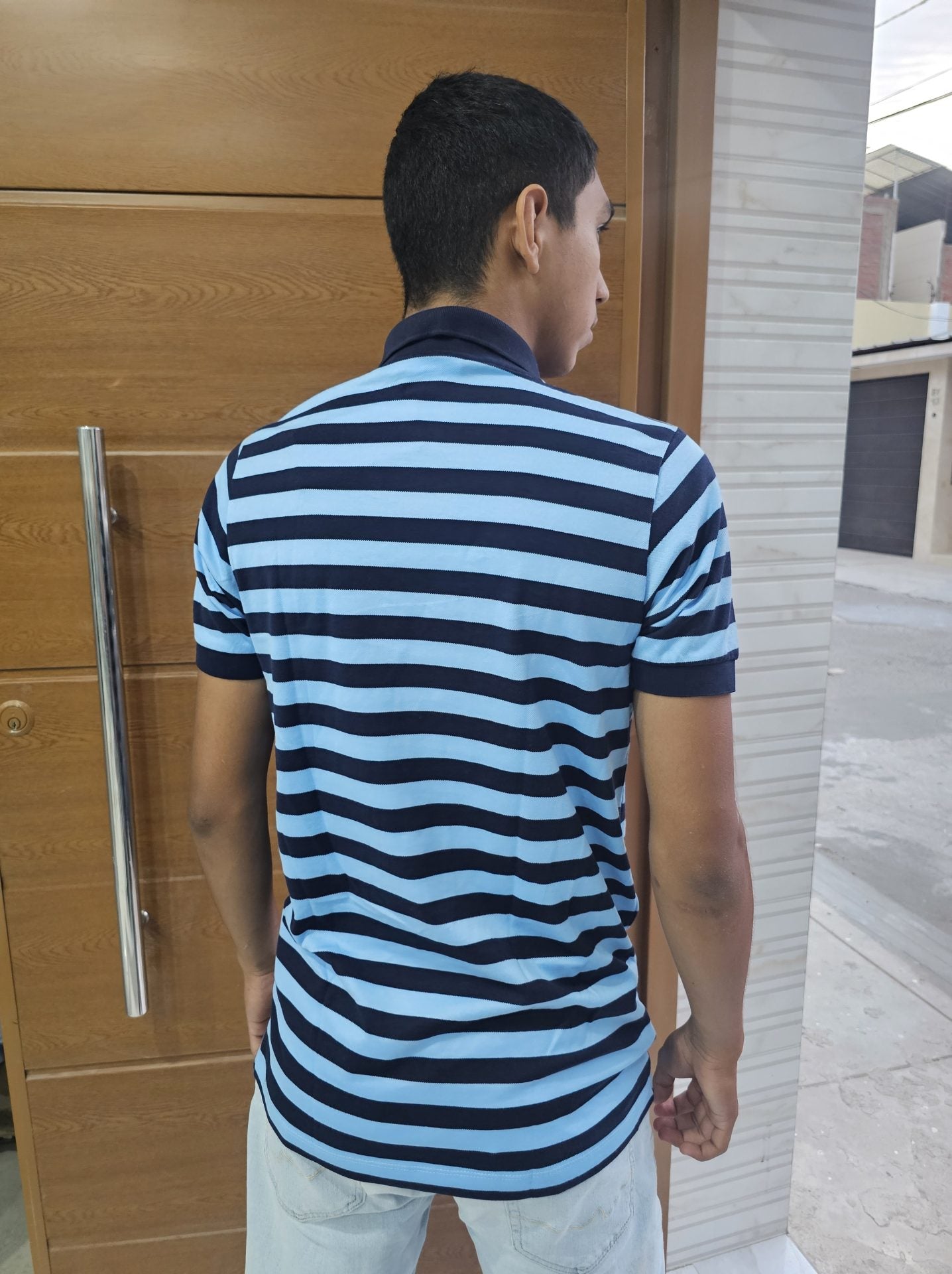 polo camisero lacoste - rayas azul/celeste