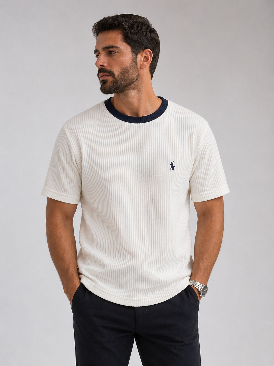 POLO RALPH LAUREN ACANALADO / BLANCO CON CUELLO AZUL MARINO