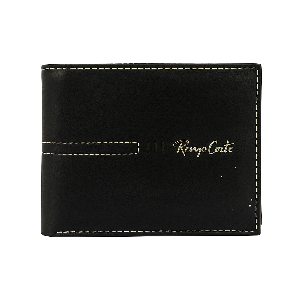 BILLETERA RENZO COSTA NEGRA / COSTURA BLANCA 3 DETALLE CENTRO