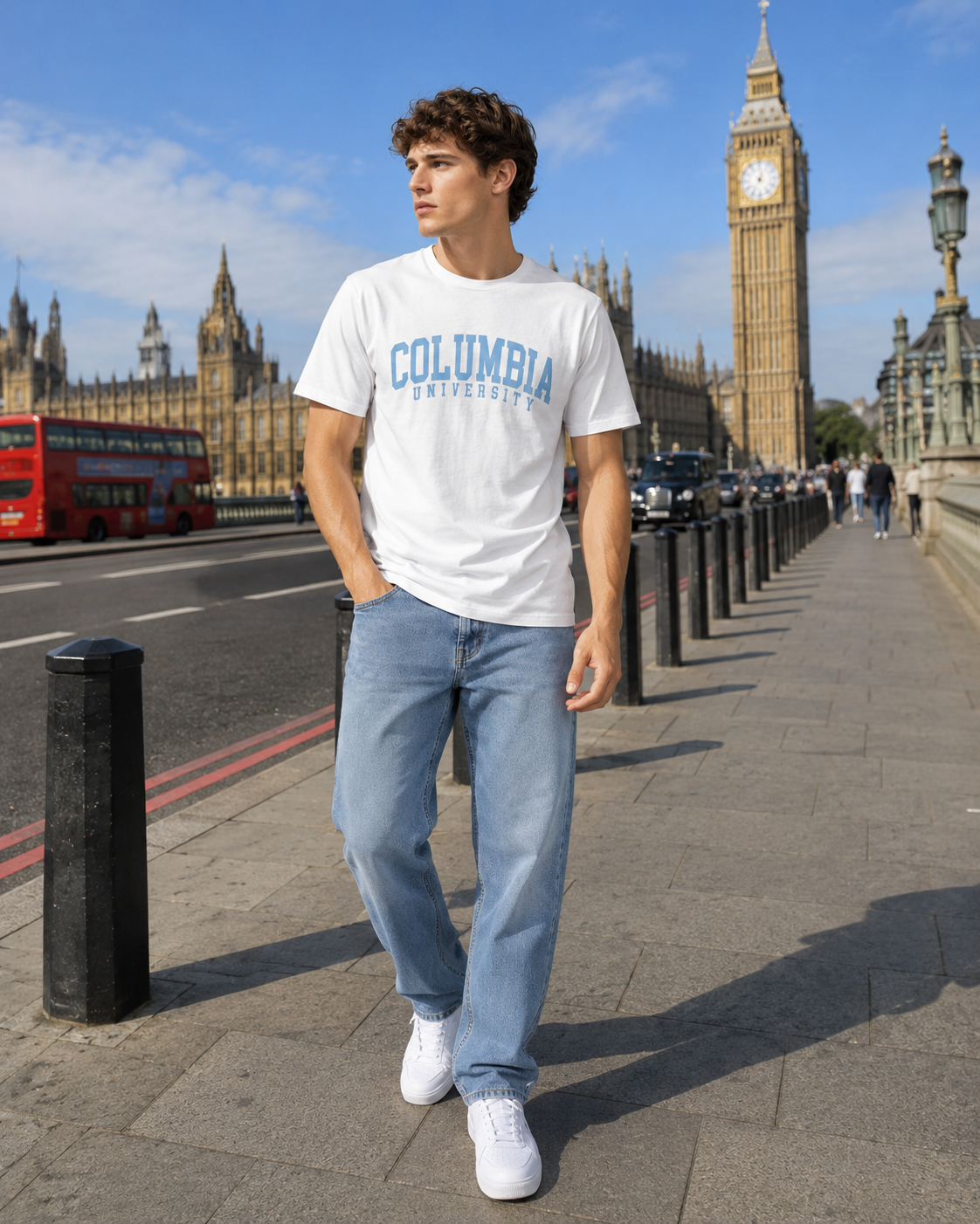 POLO COLUMBIA BLANCO / LOGO GRANDE CELESTE