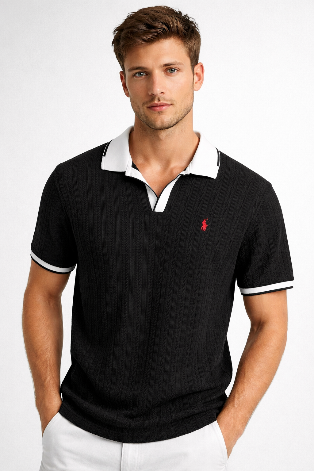 POLO CAMISERO TEJIDO RALPH / NEGRO / DETALLE CUELLO - MANGA