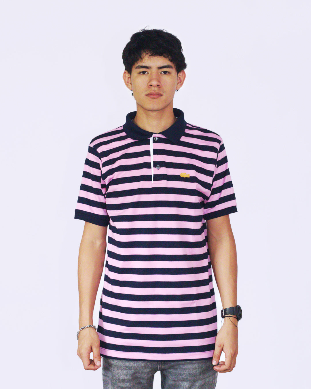 polo camisero lacoste - rayas rosa/azul