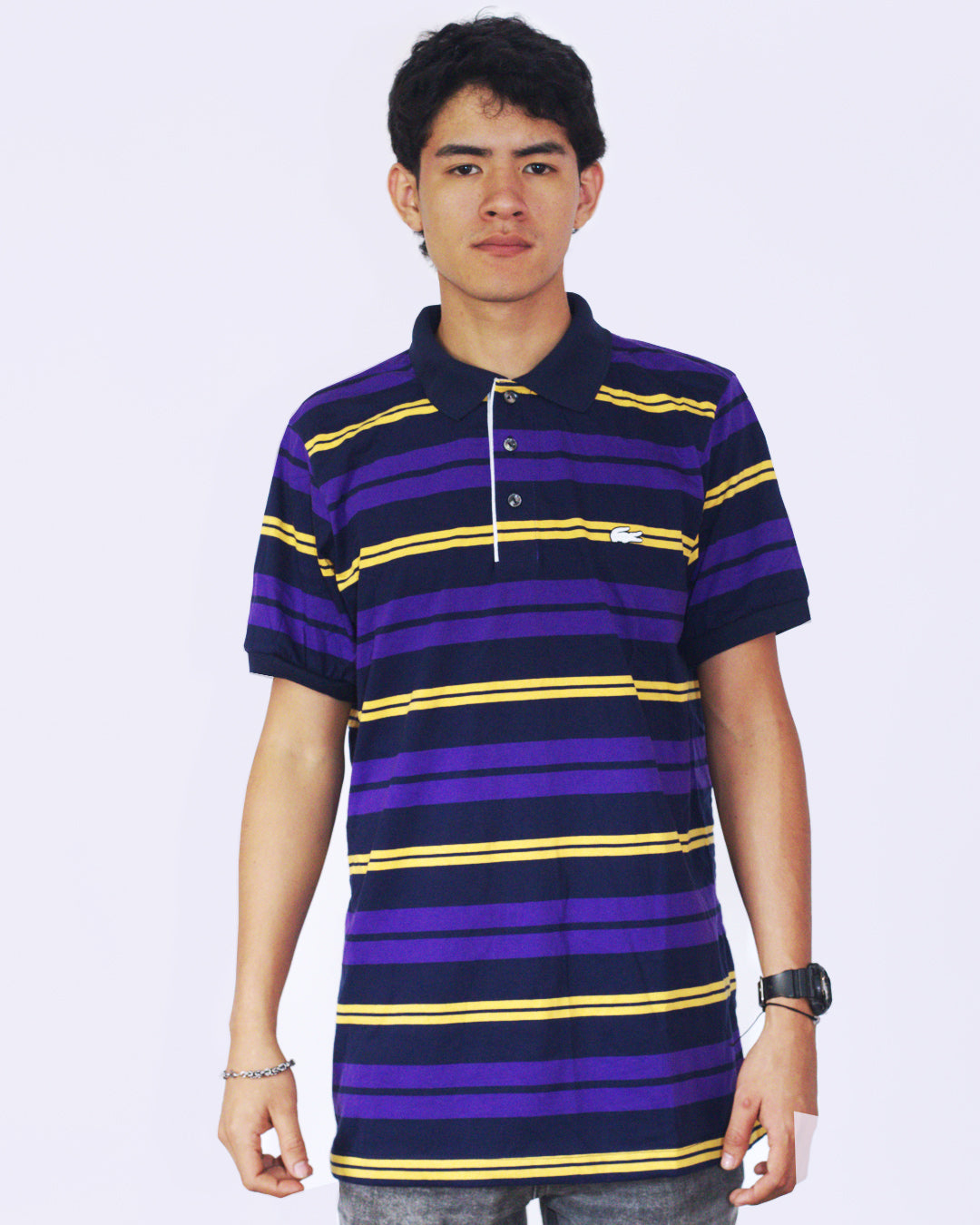 polo camisero lacoste - morado/azul/amarillo