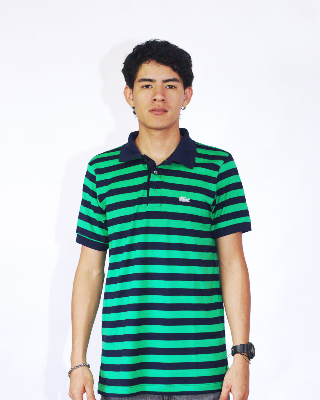 polo camisero lacoste - rayas verde/azul
