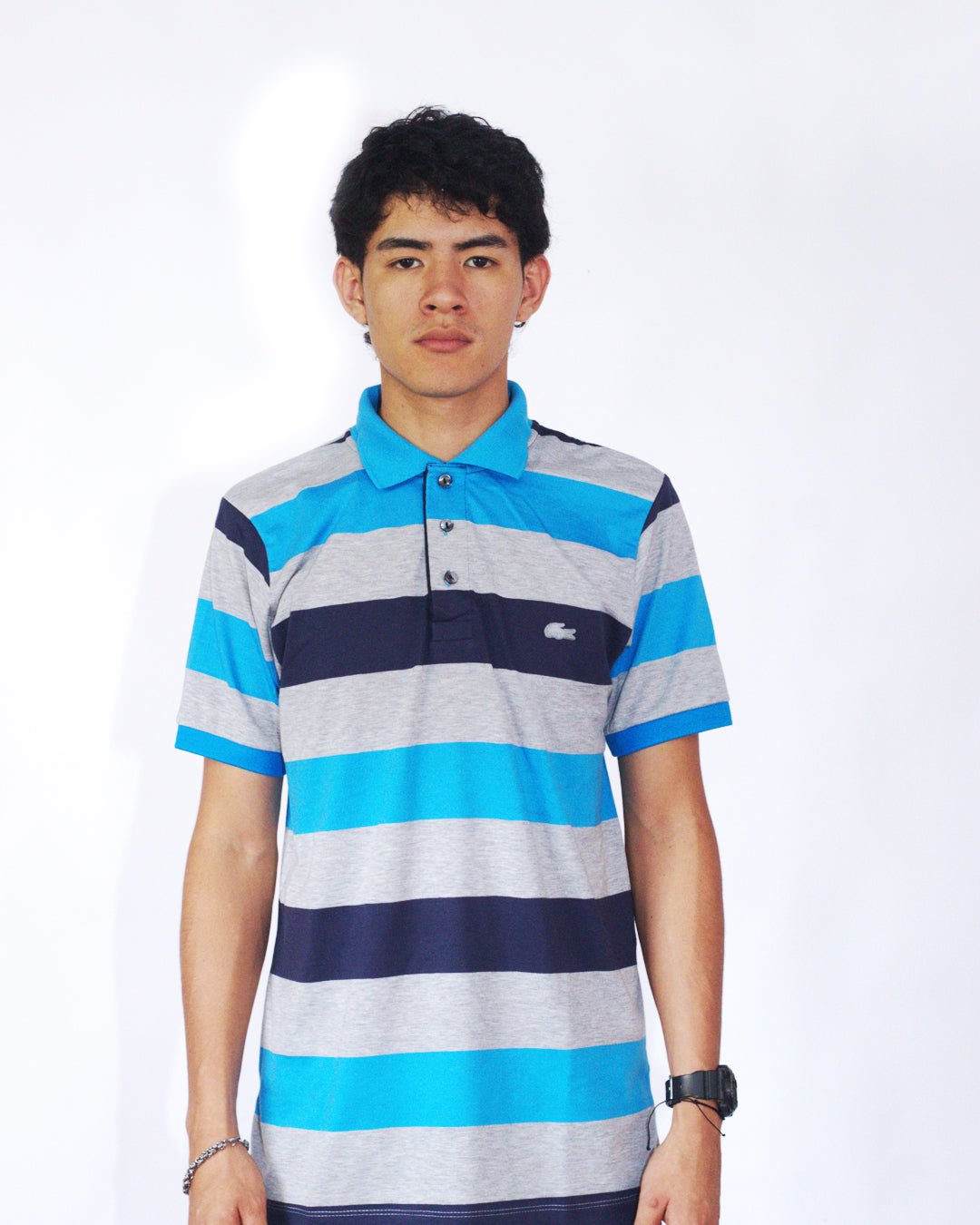 polo camisero lacoste - gris/azul/celeste