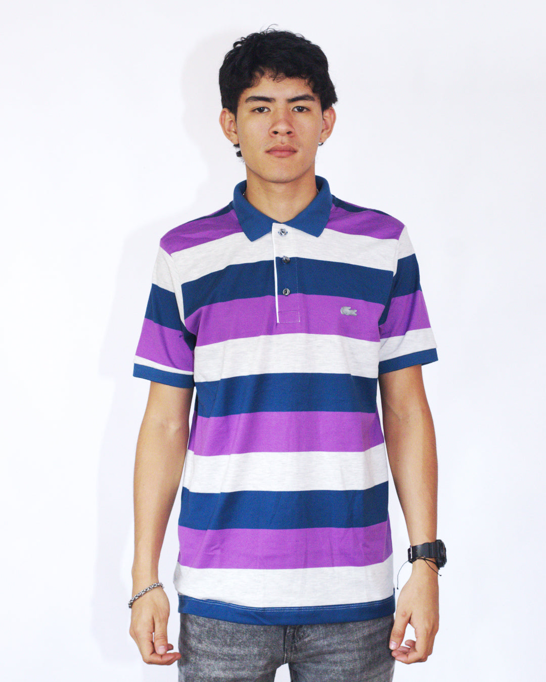 polo camisero lacoste - gris/morado/azul