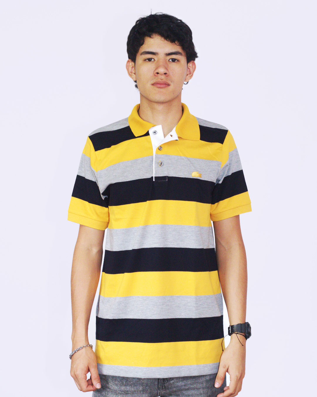 polo camisero lacoste - gris/negro/amarillo