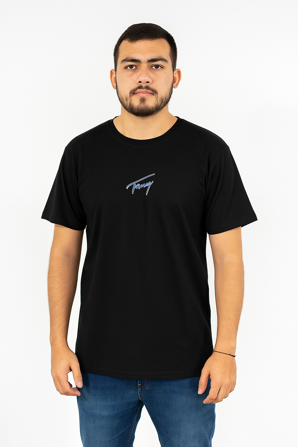 Polo Tommy negro / logo pecho / letras celestes