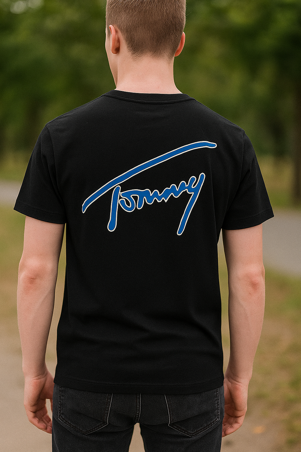 Polo Tommy negro / logo pecho / letras celestes