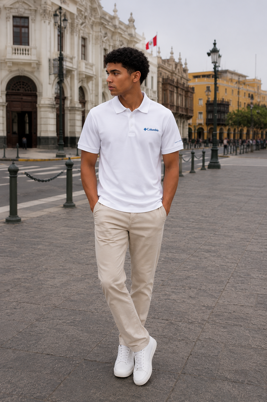 POLO CAMISERO CON RESPIRADOR COLUMBIA / BLANCO /LETRAS CELESTES