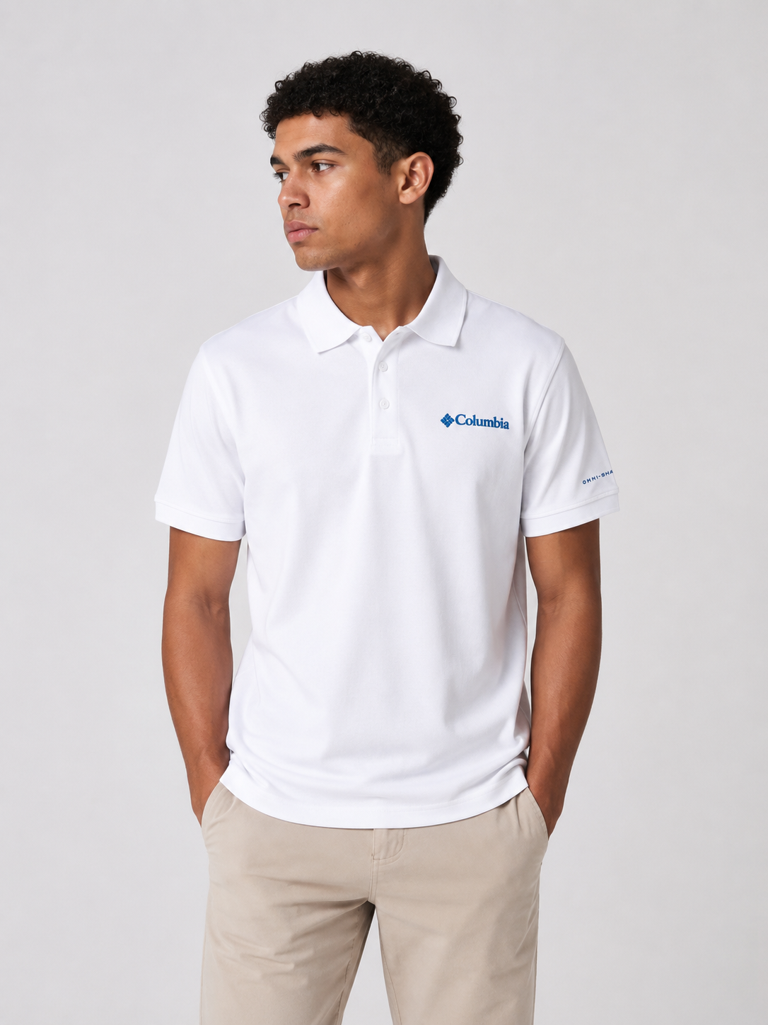 POLO CAMISERO CON RESPIRADOR COLUMBIA / BLANCO /LETRAS CELESTES