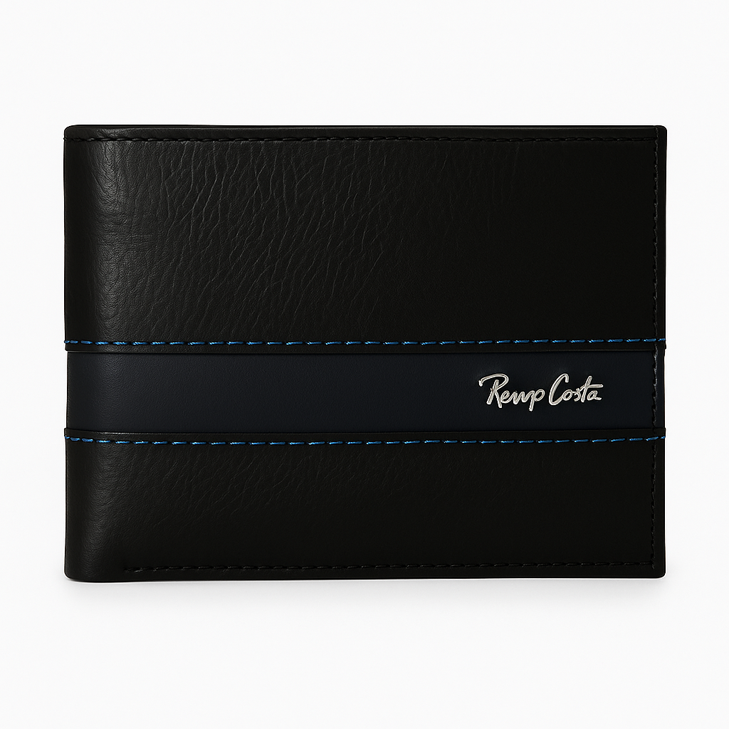 BILLETERA RENZO COSTA NEGRA / DETALLE COSTURA AZUL