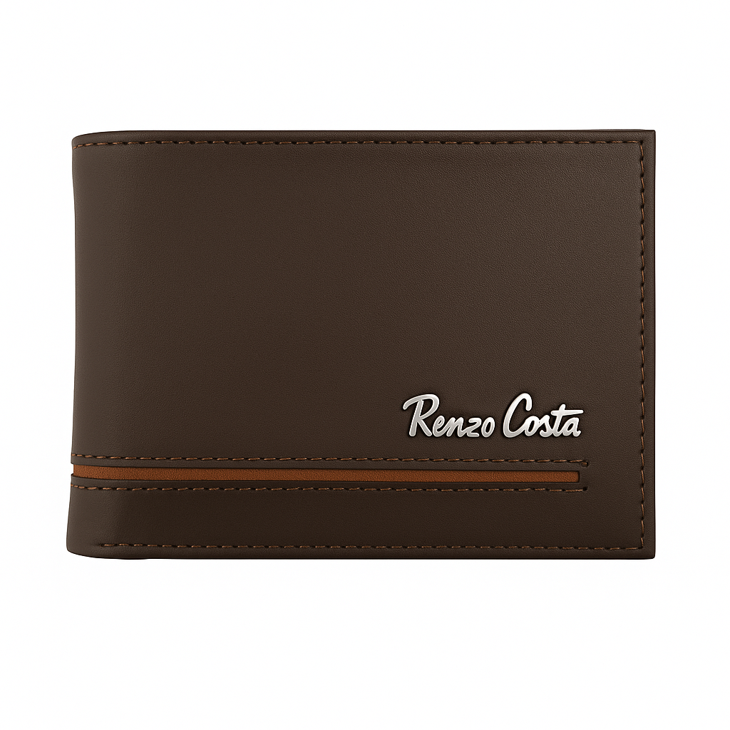 BILLETERA RENZO COSTA MARRON / DETALLA LINEA COLOR CARAMELO