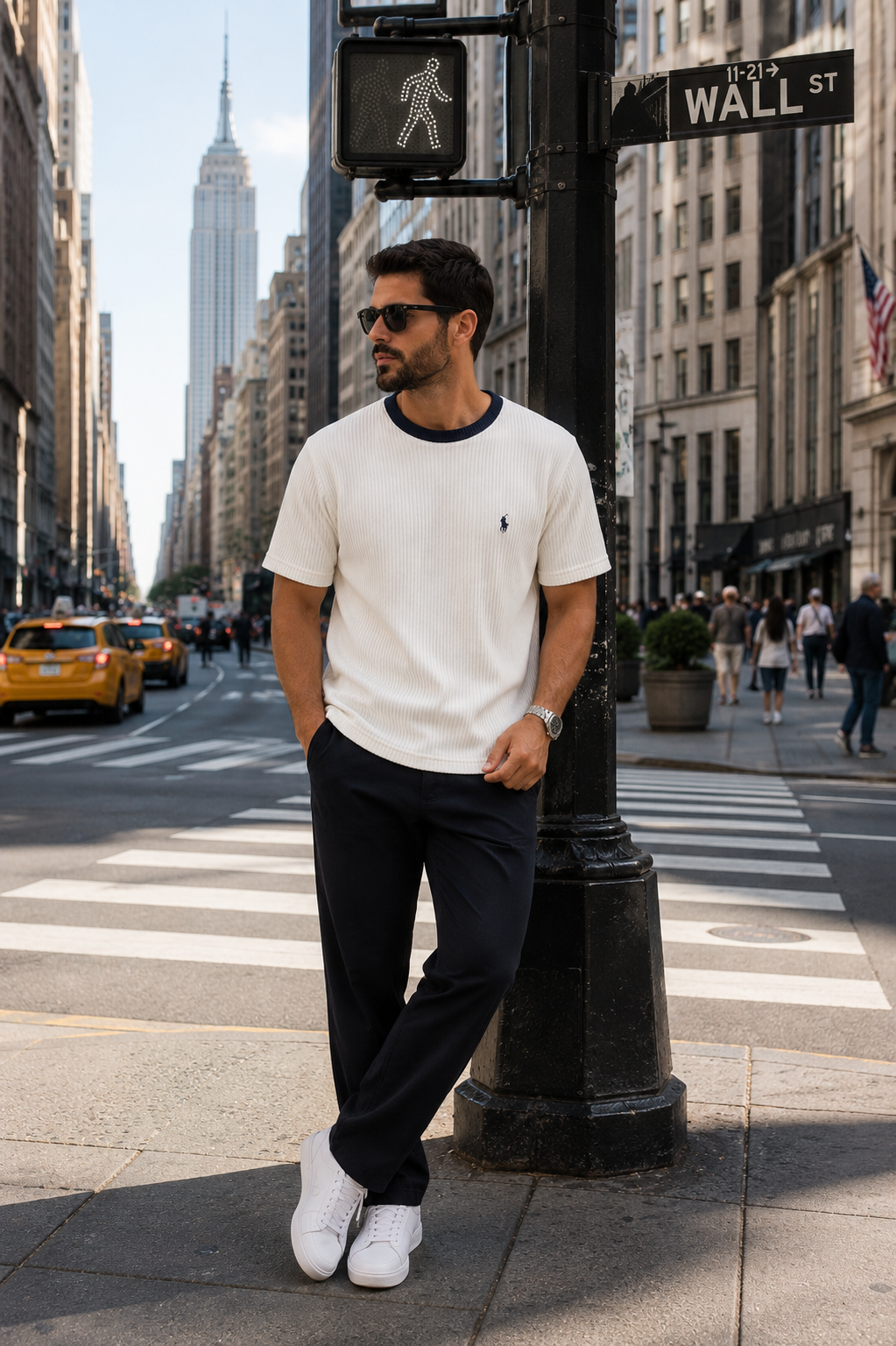POLO RALPH LAUREN ACANALADO / BLANCO CON CUELLO AZUL MARINO