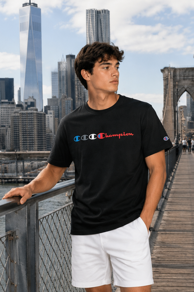 POLO CHAMPION NEGRO / LETRAS MULTICOLOR